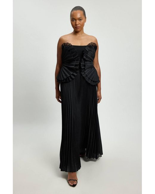 Karen Millen Black Plus Size Cotton Poplin Pleated Maxi Dress