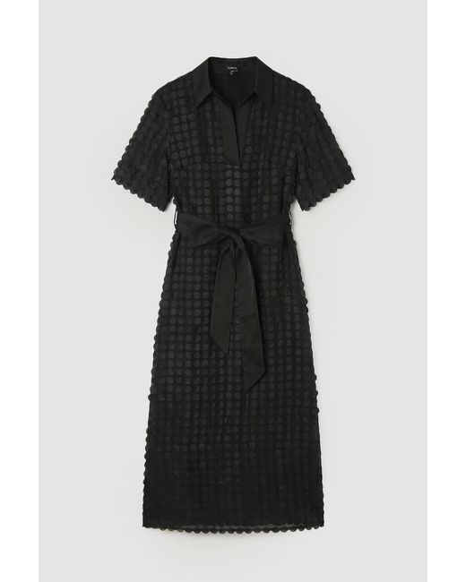 Karen Millen Black Textured Georgette With Satin Collared Shirt Midi Woven Dress