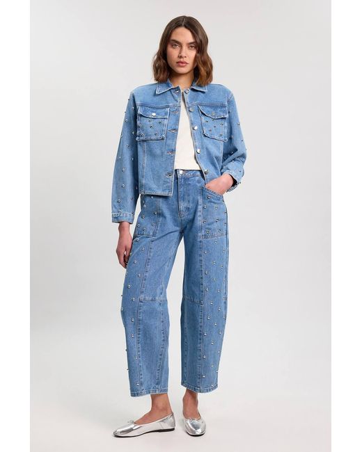 Karen Millen Blue Denim Studded Barrel Leg Jeans