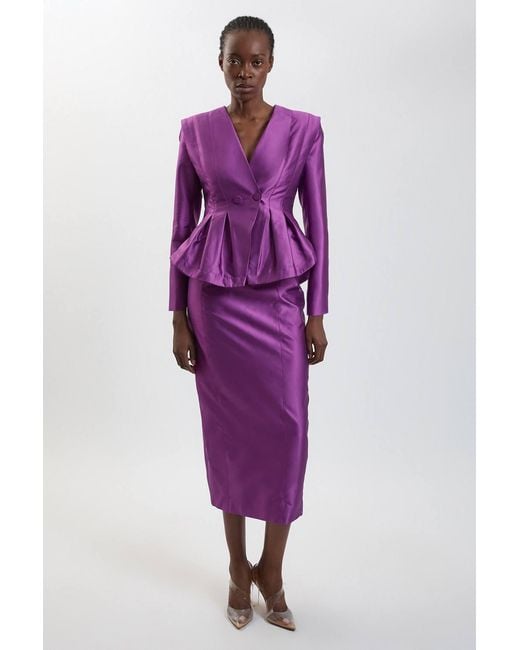 Karen Millen Purple Structured Satin Peplum Tailored Blazer