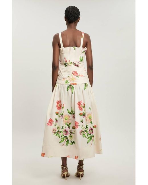 Karen Millen Natural Printed Poplin Pleated Midi Dress