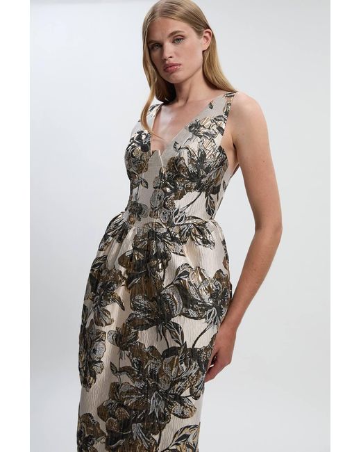 Karen Millen Blue Floral Jacquard Plunge Corset Pencil Midi Dress