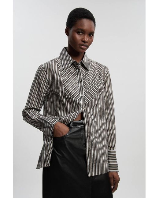 Karen Millen Gray Poplin Stripe Bib Woven Shirt