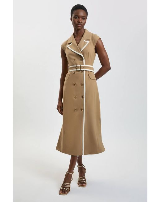 Karen Millen Natural Double Breasted Belted Tipped Tailored Midi Dress
