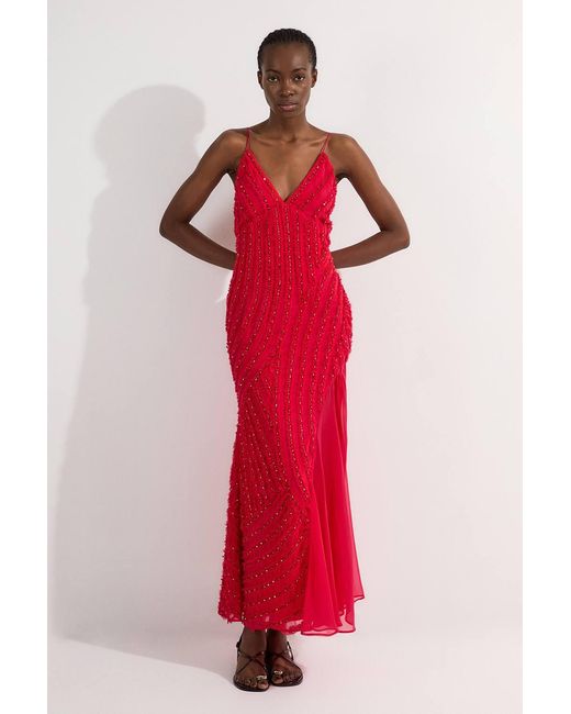 Karen Millen Red Embellished Ruffle Strappy Woven Maxi Dress