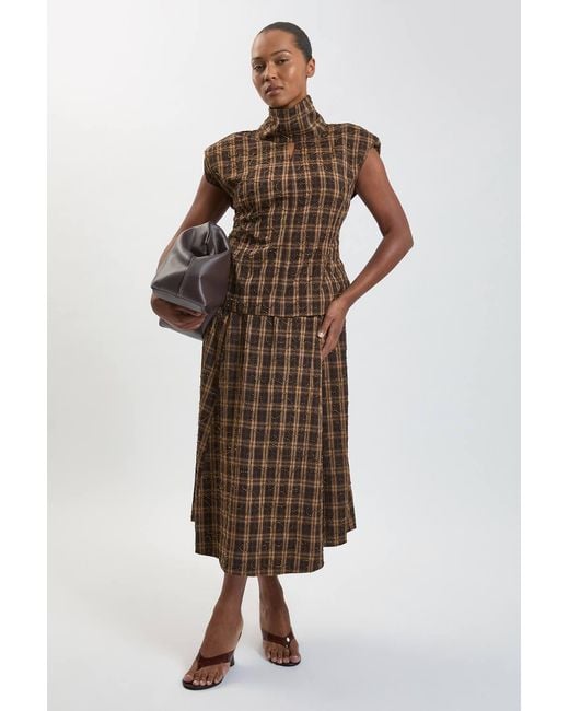 Karen Millen Brown Plus Size Beaded Check Print High Neck Top
