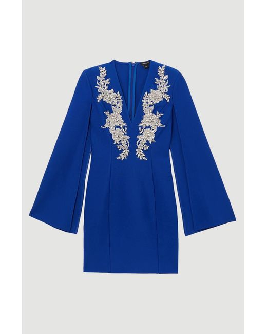 Karen Millen Blue Bandage Form Fitting Cape Sleeve Embellished Mini Dress