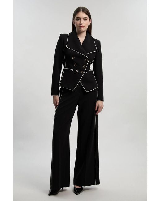 Karen Millen Black Compact Stretch Contrast Tipped Wide Leg Tailored Trouser