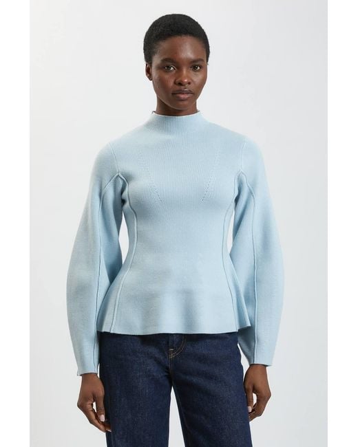 Karen Millen Blue Knit Wool Look Rounded Sleeve High Neck Jumper