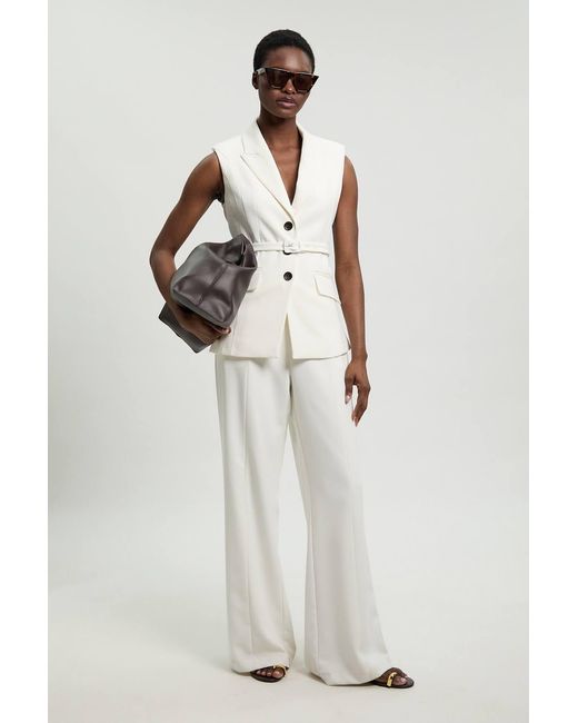 Karen Millen White Petite Tailored Structured Crepe Belted Sleeveless Blazer
