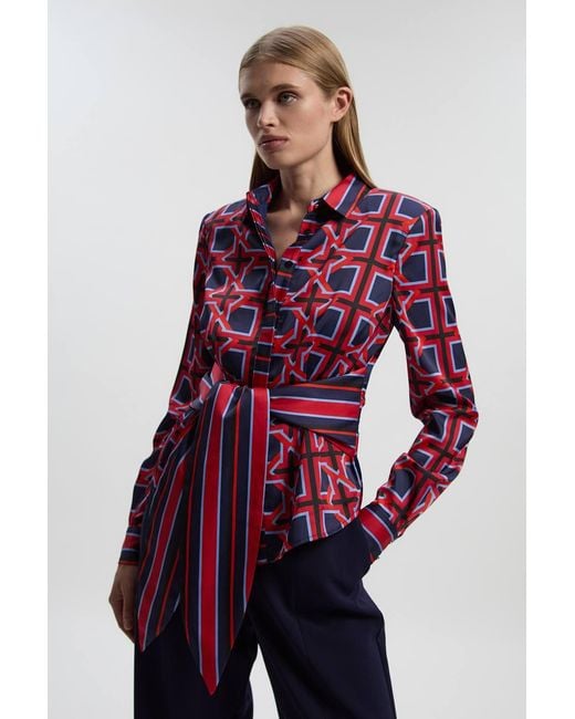 Karen Millen Geo Print Hammered Satin Tie Waist Woven Shirt