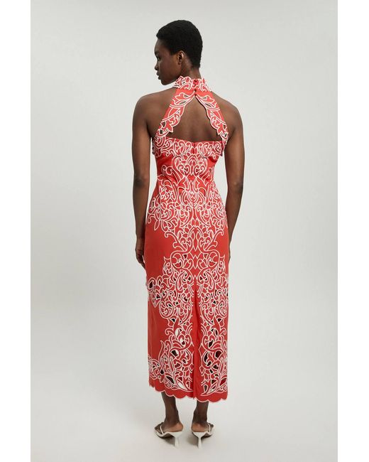Karen Millen Red Cotton Cutwork Woven Halter Midi Dress