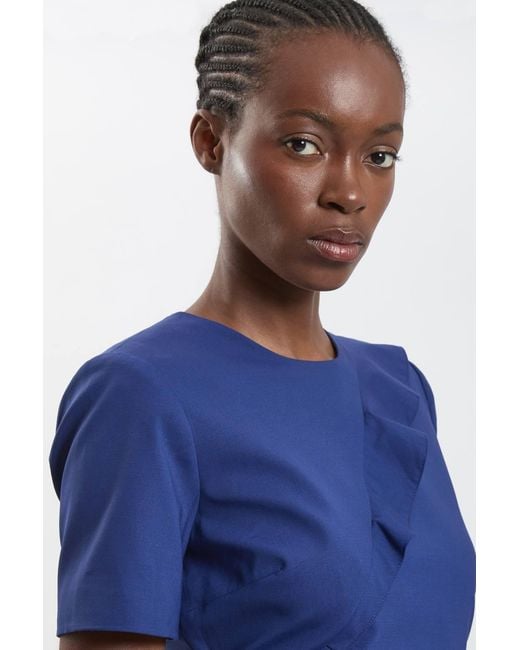 Karen Millen Blue Tailored Fold Detail Midi Pencil Dress