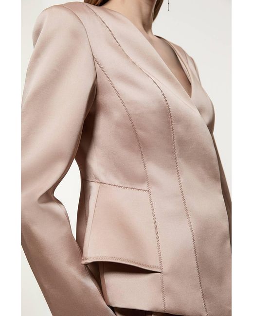 Karen Millen Natural Structured Viscose Satin Stitch Detail Tailored Peplum Blazer