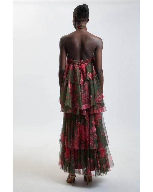 Karen Millen Green Floral Print Layered Tulle Halterneck Maxi Dress