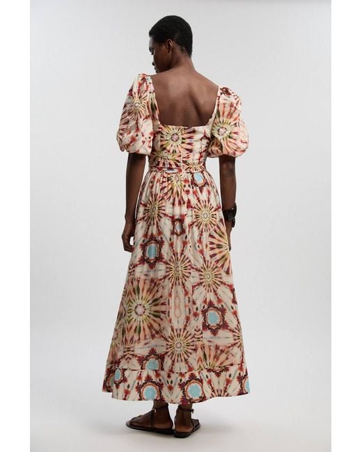 Karen Millen Multicolor Tile Print Silk Cotton Volume Sleeve Woven Maxi Dress