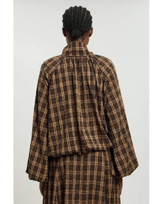 Karen Millen Brown Beaded Check Print Bubble Hem High Neck Jacket