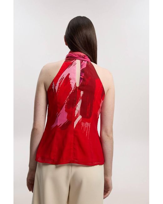 Karen Millen Red Photographic Floral Crinkle Georgette Sleeveless Tie Neck Woven Top