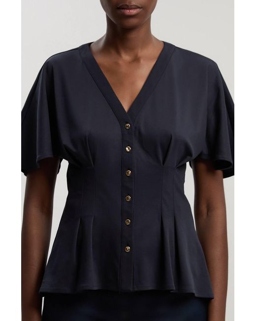 Karen Millen Blue Jersey V Neck Button Detail T