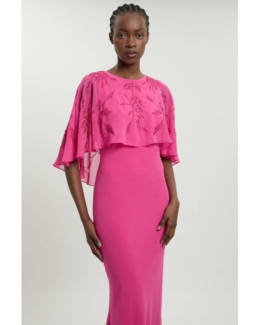 Karen Millen Pink Petite Beaded Cape Detail Maxi Dress