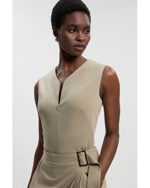 Karen Millen Natural Polished Viscose Sleeveless Tailored Zip Front Top