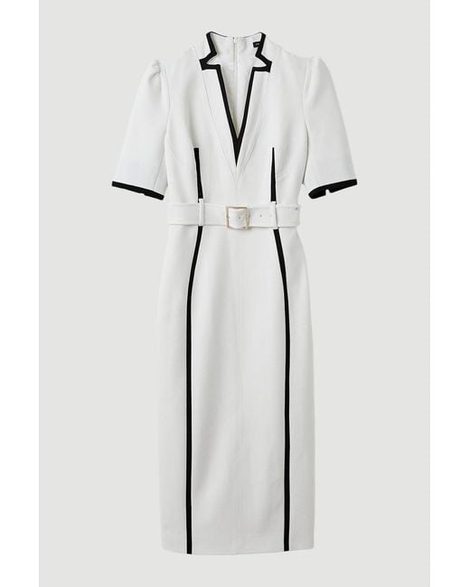 Karen Millen White Compact Stretch Contrast Tipped Forever Belted Tailored Midi Dress