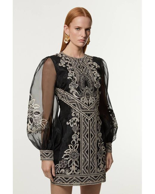 Karen Millen Black Petite Embroidered Organdie Balloon Woven Mini Dress