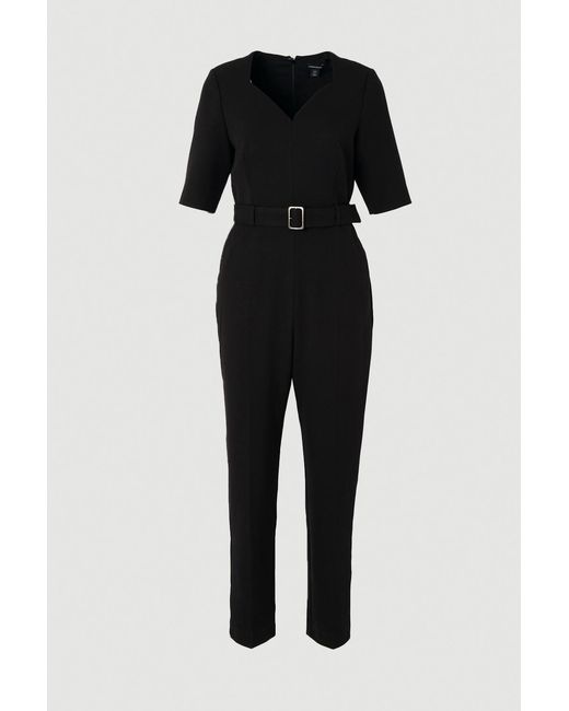 Karen Millen Black Forever Structured Crepe Notch Neck Belted Tailored Jumpsuit