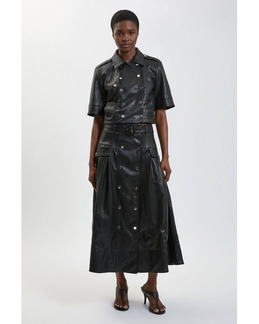 Karen Millen Black Faux Leather Pleated Full Skirt