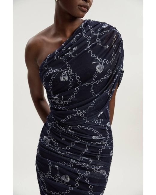 Karen Millen Blue Chain Print Mesh One Shoulder Midi Dress