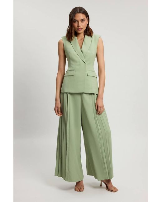 Karen Millen Green Petite Tailored Crepe Asymmetric Pleat Wide Leg Jumpsuit