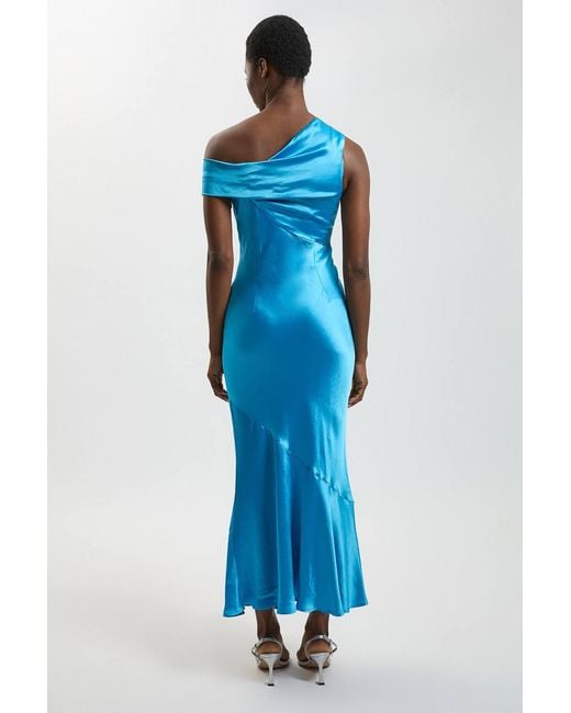 Karen Millen Blue Viscose Satin Asymmetric Shoulder Maxi Dress