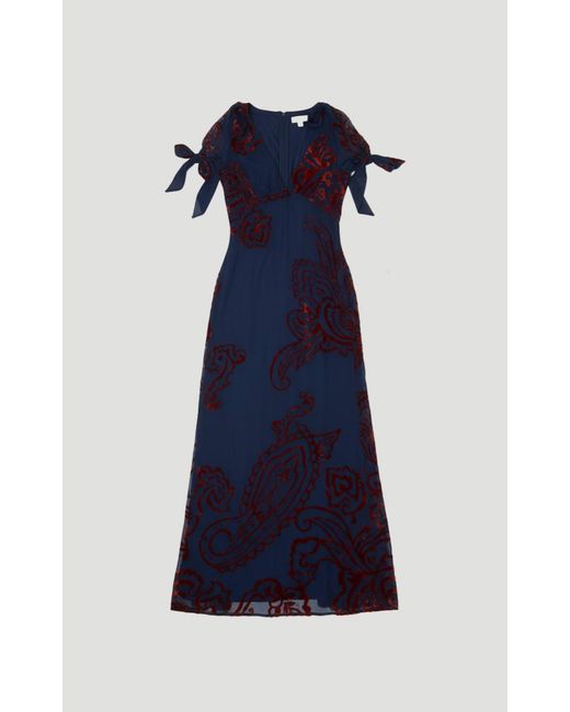 Karen Millen Blue Paisley Devore Plunge Woven Midi Dress