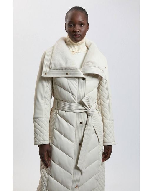 Karen Millen Natural Padded Faux Leather & Faux Fur Mix Midi Coat