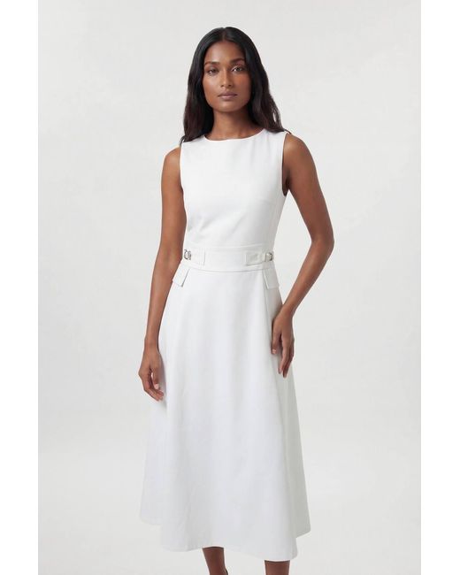 Karen Millen White Petite Premium Cotton Tailored Fabric Belted Buckle Midi Dress