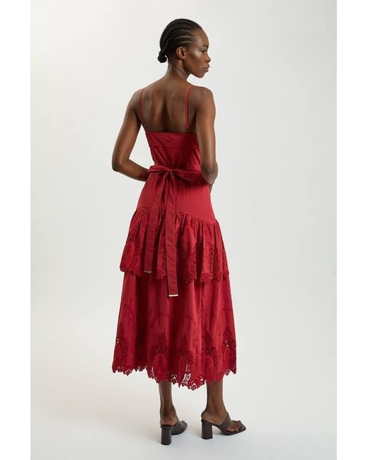 Karen Millen Red Cotton Cutwork Strappy Woven Midi Dress