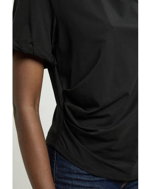 Karen Millen Black Cotton Jersey Gathered Detail T-Shirt