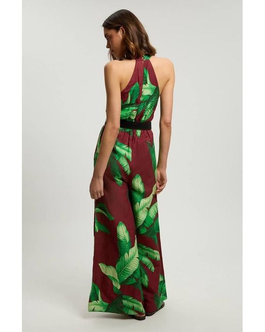 Karen Millen Green Viscose Linen Palm Tree Belted Halterneck Woven Jumpsuit