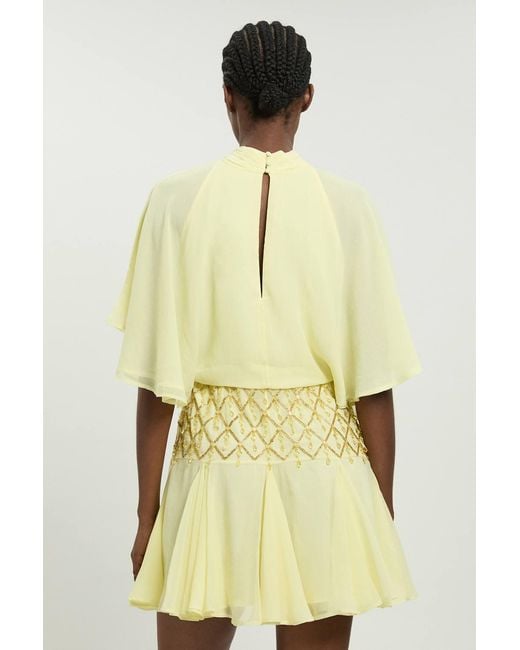 Karen Millen Yellow Beaded Cape Detail Mini Dress