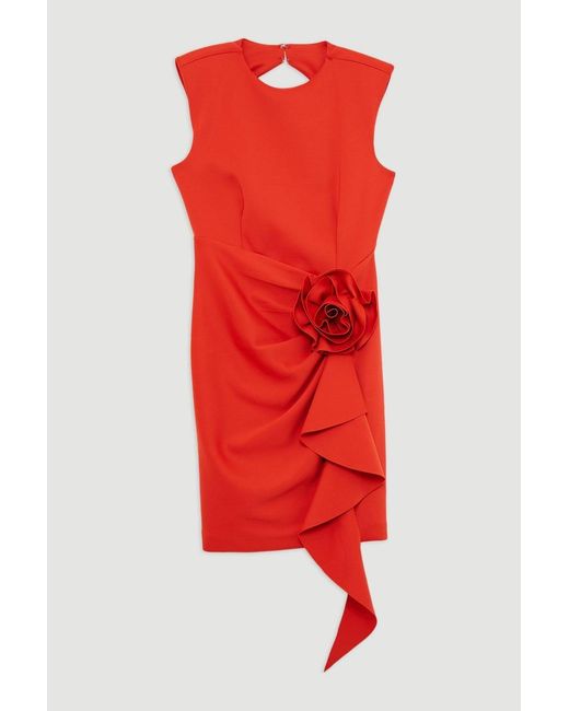 Karen Millen Red Scuba Rosette Detail Woven Mini Dress