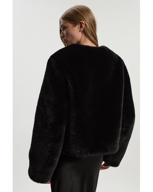 Karen Millen Black Collarless Faux Fur Jacket