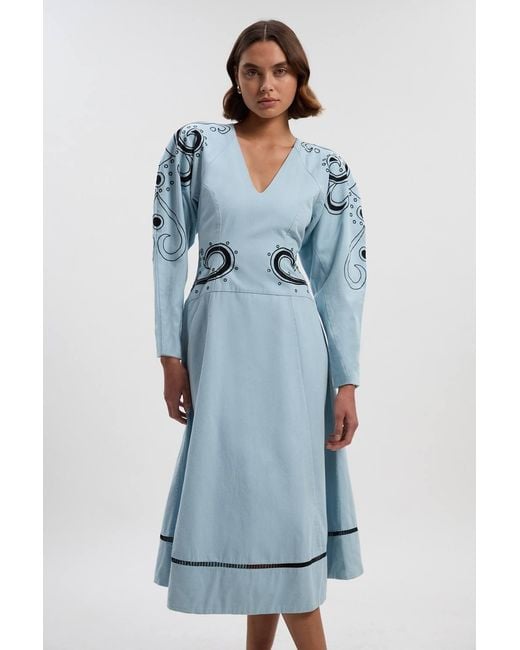 Karen Millen Blue Petite Baroque Embroidered Long Sleeve Twill Woven Midi Dress