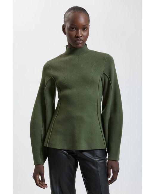 Karen Millen Green Knit Wool Look Rounded Sleeve High Neck Jumper