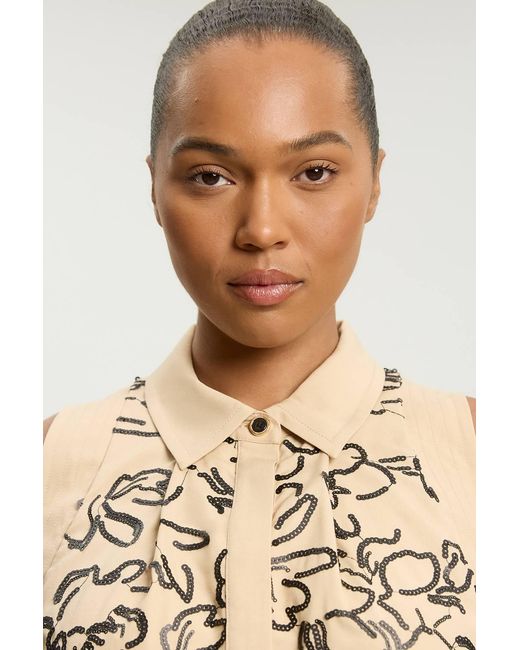 Karen Millen Metallic Plus Size Linen Matte Sequin Collared Top