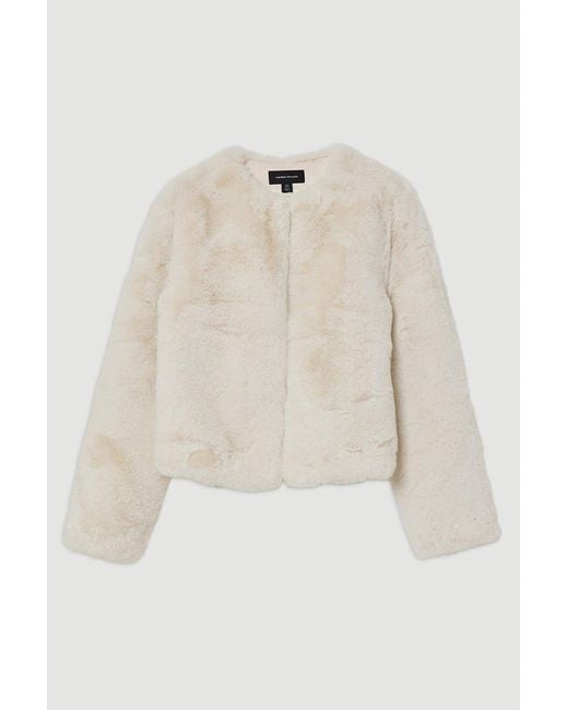 Karen Millen White Collarless Faux Fur Jacket