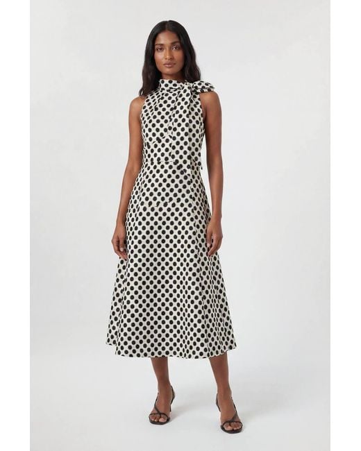Karen Millen White Spot Jacquard Tailored Bow Neck Full Skirted Midi Dress