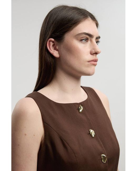 Karen Millen Brown Petite Tailored Linen Statement Button Front Pencil Midi Dress