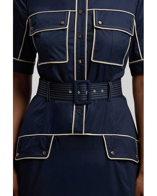 Karen Millen Blue Cotton Sateen Button Detail Woven Midi Shirt Dress With Contrast Piping