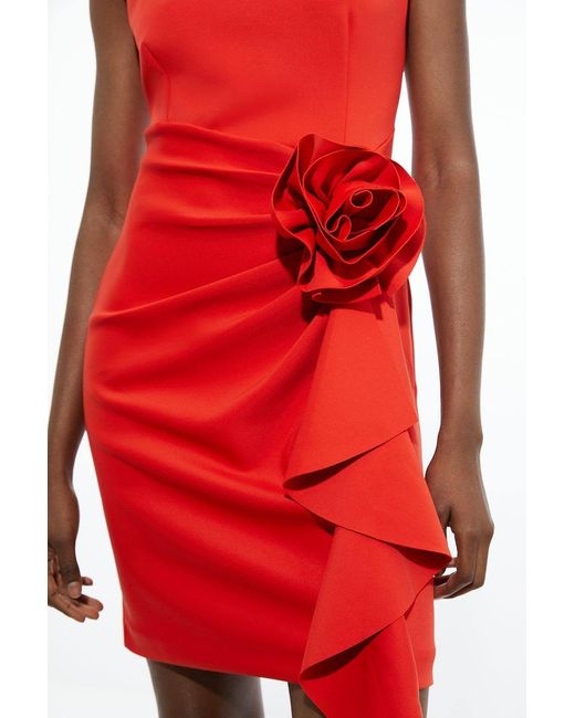 Karen Millen Red Scuba Rosette Detail Woven Mini Dress