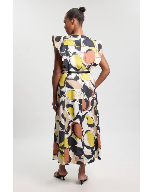 Karen Millen White Plus Size Abstract Print Viscose Linen Woven Ruffle Sleeve Midi Dress
